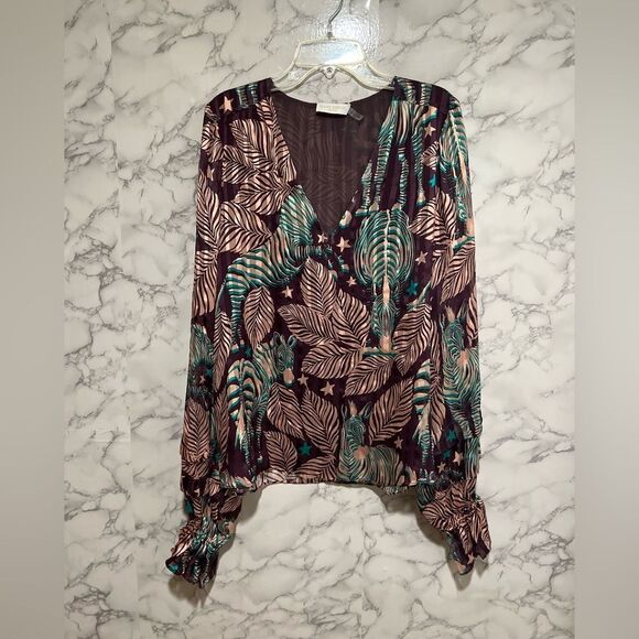 RAMY BROOK Sofie Long Sleeve Stretch Silk Blouse - Raisin/ Oasis Combo - Picture 2 of 9